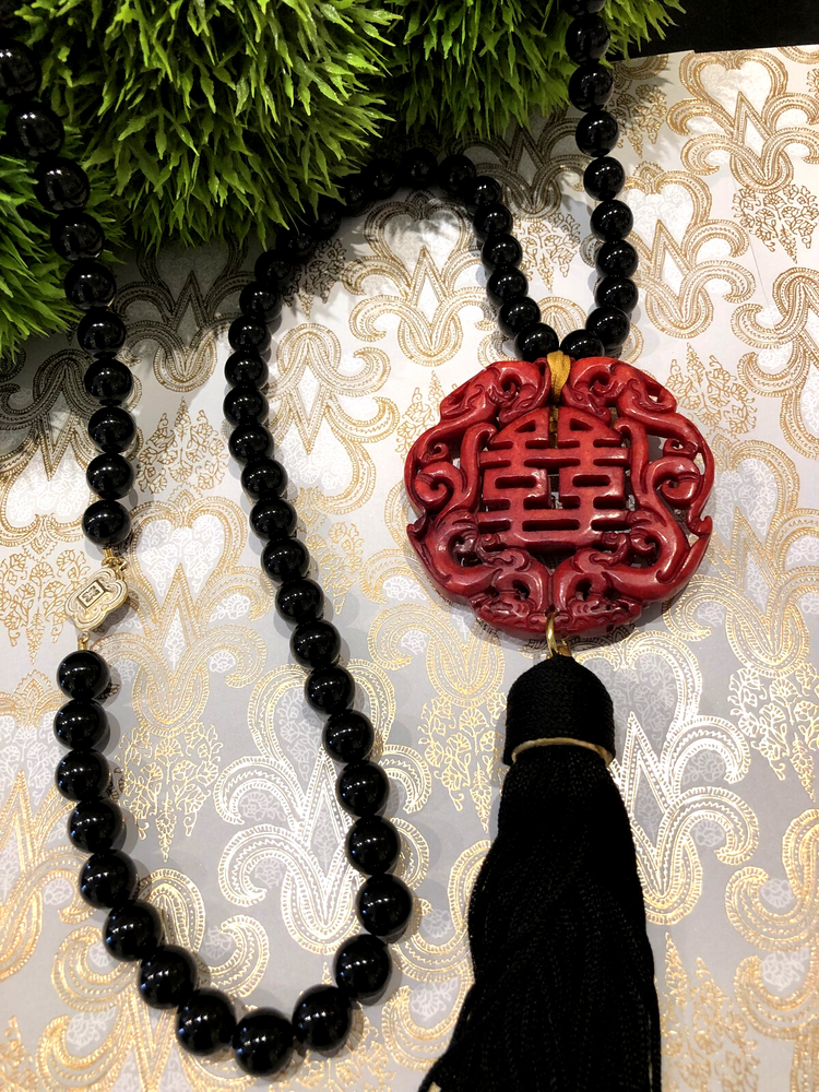 Teramasu Handmade Black Onyx Red Jade Tassel Necklace