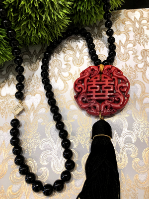 Teramasu Handmade Black Onyx Red Jade Tassel Necklace