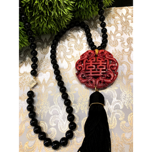 Teramasu Handmade Black Onyx Red Jade Tassel Necklace