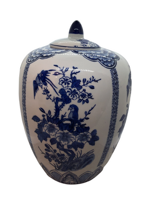 Blue and White Ceramic Vase with Floral Design