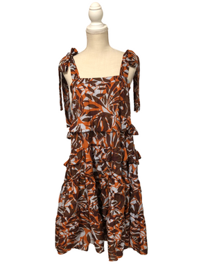Brown and Orange Tropical Sleeveless Ruffle Dress