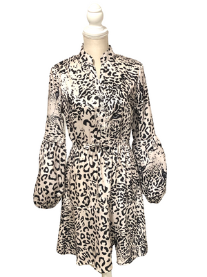 Black and Ivory Leopard Print Button Front Elastic Long Sleeve Dress