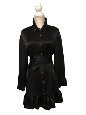 Black Dressy Shiny Fabric Long Sleeve Button Front Ruffle Dress with Tie Belt