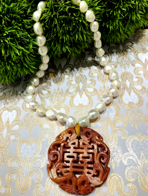 Teramasu Handmade Baroque Pearl Necklace With Orange Jade Round Pendant