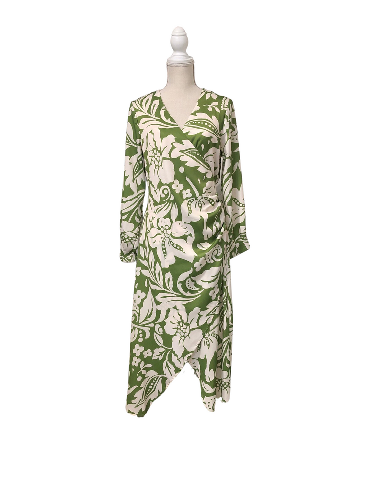 Green Floral Faux Wrap Dress With Long Sleeves
