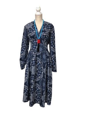 Blue White Print V-neck Long Sleeve Midi Dress