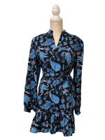 Beautiful Blue and Black Floral Paisley Print Ruffle Long Sleeve Dress With Tie