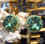 Green Crystal Lever Back Gold Plated Round Earrings
