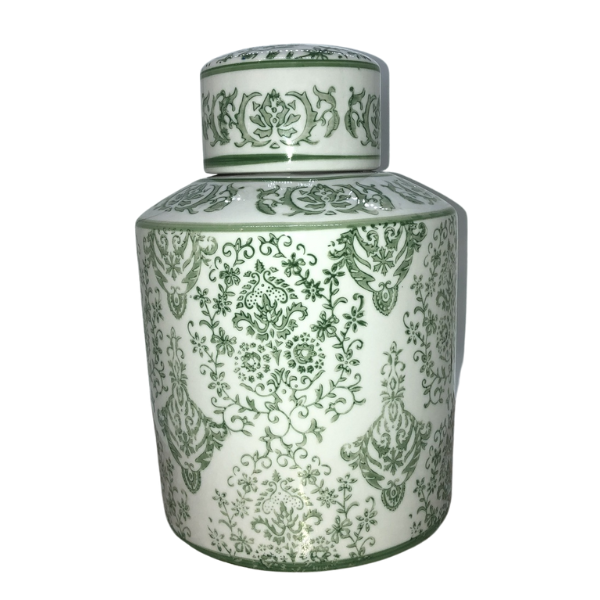 Beautiful Ceramic Green and White Floral Design Jar With Lid