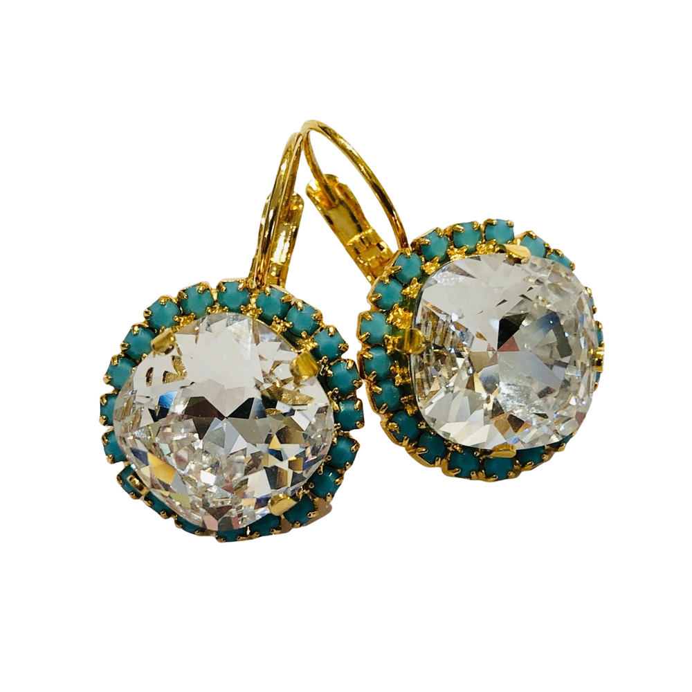 Teramasu Crystal Clear Round Crystal with Turquoise Blue Rhinestones Lever back Gold Drop Earrings