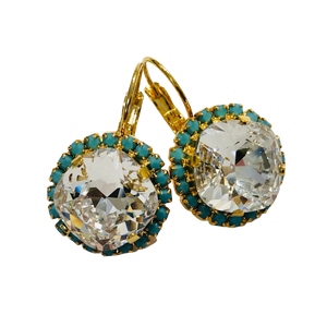 Teramasu Crystal Clear Round Crystal with Turquoise Blue Rhinestones Lever back Gold Drop Earrings