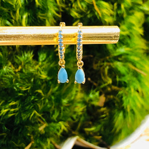 Teramasu CZ Turquoise Crystal Hoop Sterling Silver Gold Plated Gold Dainty Drop Earrings