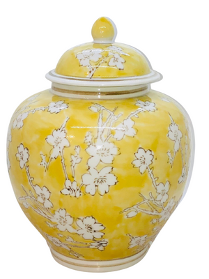 Yellow and White Floral Vase With Removable Lid