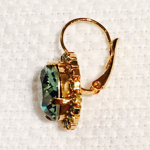 Green Crystal Lever Back Gold Plated Round Earrings