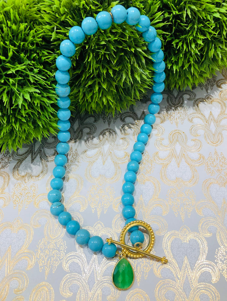 Turquoise Necklace with Gold Filled Toggle and Green Crystal