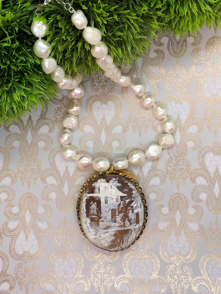 Baroque Pearl With Exceptional Vintage Hand Carved Shell  Scenic Cameo