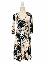 Black and Cream Floral Print V Neck Faux Wrap Dress With Belt Tie