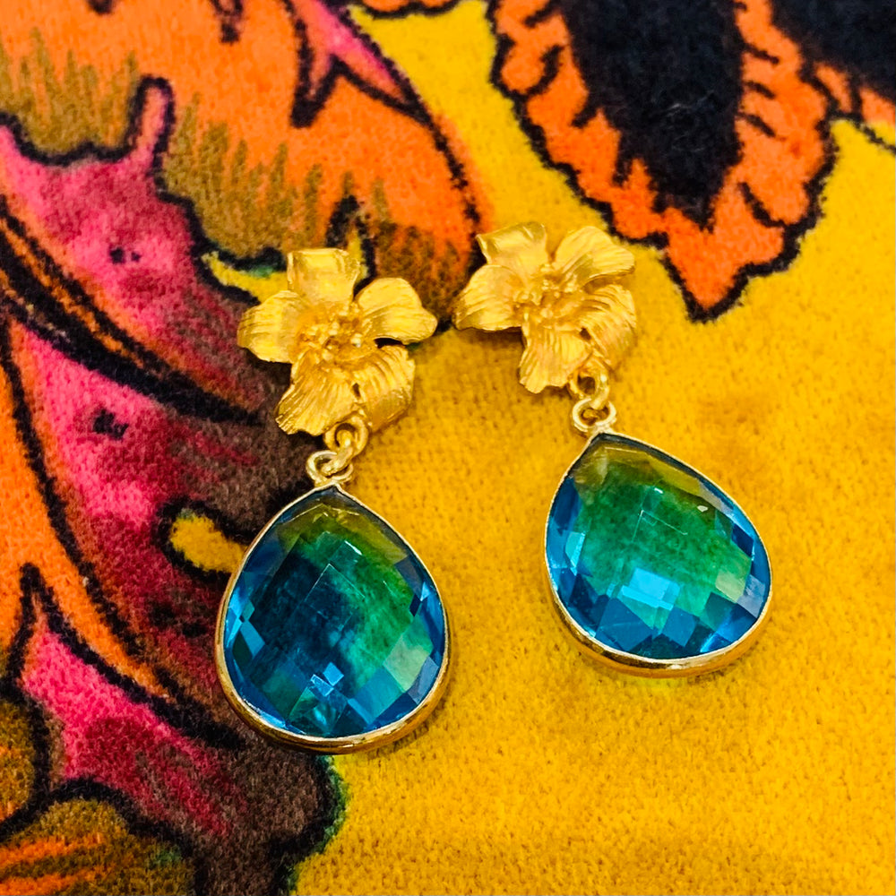 Teramasu Hibiscus Flower Blue Crystal Earrings