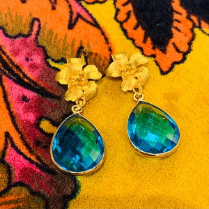 Teramasu Hibiscus Flower Blue Crystal Earrings