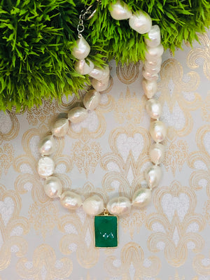 Baroque Pearl Necklace With Green Onyx