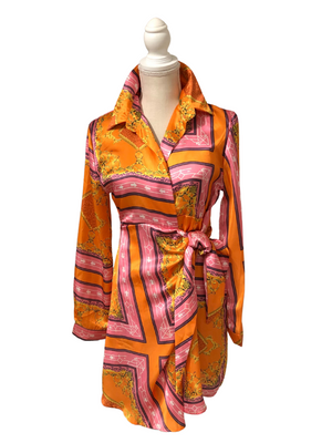 Orange Pink Multi Print Wrap Dress