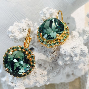 Green Crystal Lever Back Gold Plated Round Earrings