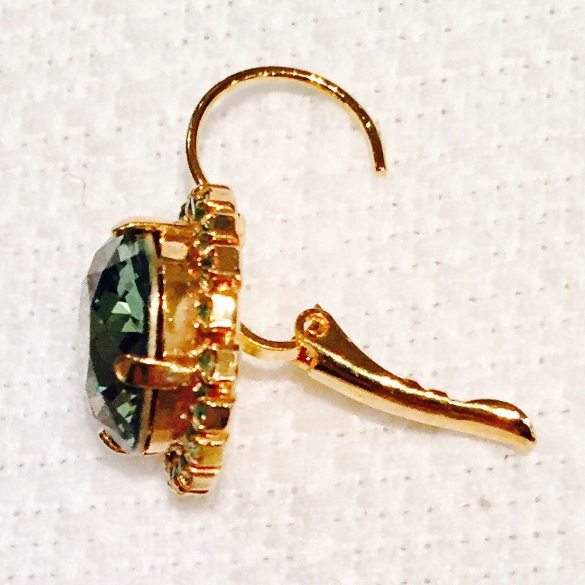 Green Crystal Lever Back Gold Plated Round Earrings