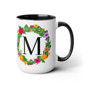 Personalize Initial Flower Wreath Designer Two-Tone Coffee Mug, 15oz