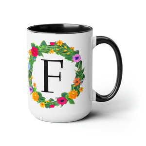 Personalize Initial Flower Wreath Designer Two-Tone Coffee Mug, 15oz